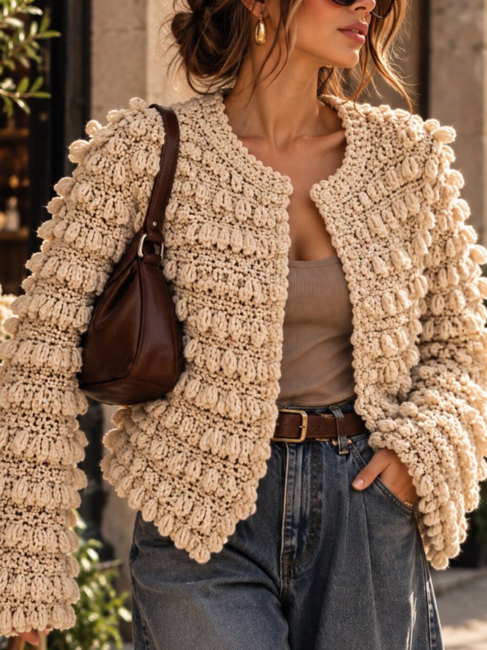 Zara Structured Chunky Loop Knit Cream Cardigan Jacket L Boho Artisanal EUC